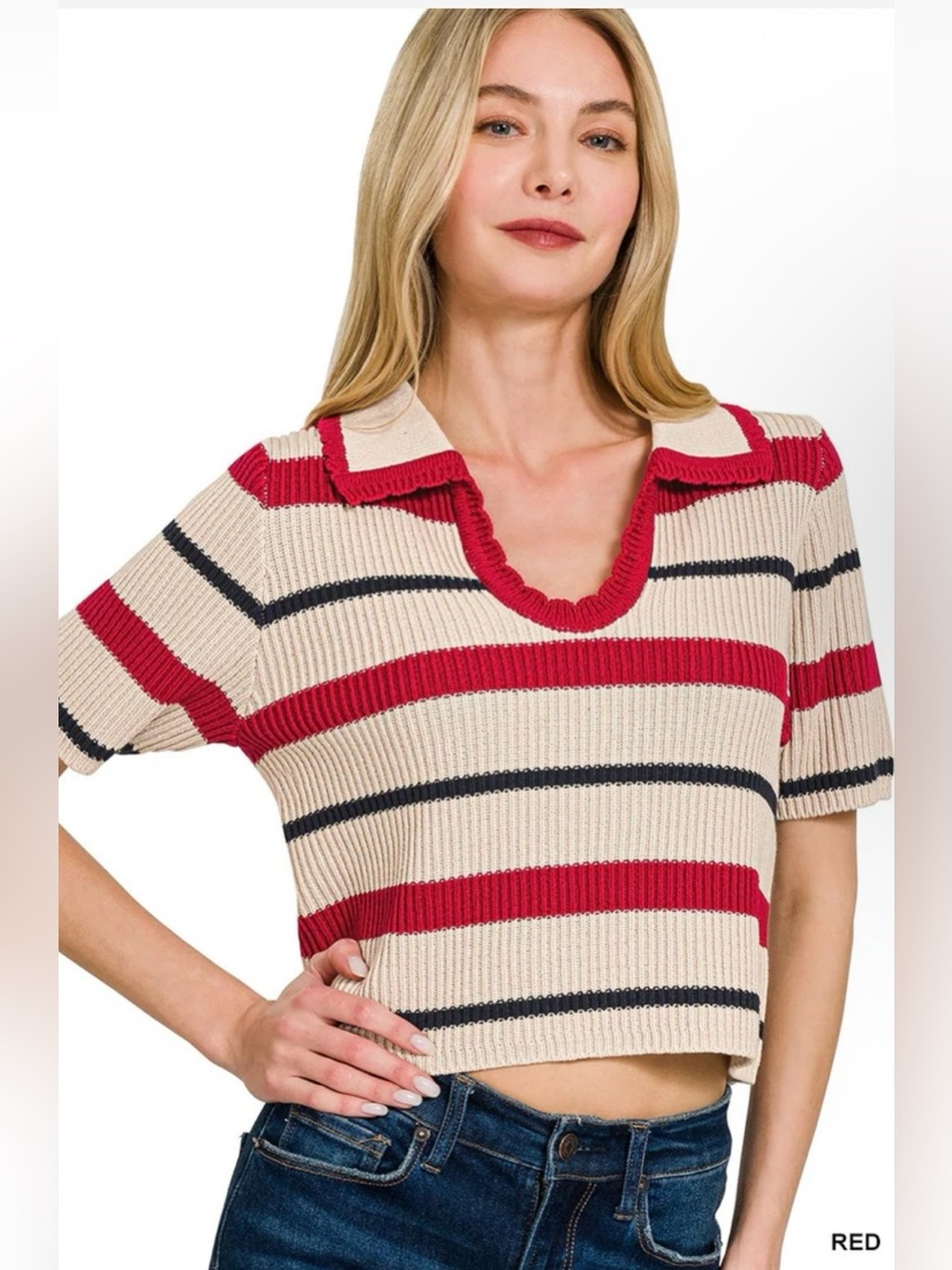 Zenana Red Cream Navy Striped Collared Knit Sweater Top 100% Cotton Size L